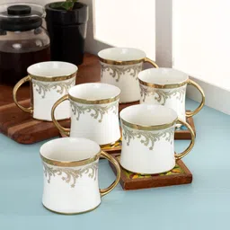 JCPL White & Gold 6 Floral Printed Ceramic Glossy Cups 180 ml-28