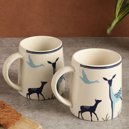 MIAH Decor Cream-Coloured & Blue 6 Pieces Printed Ceramic Matte Mugs-350ml Each-34