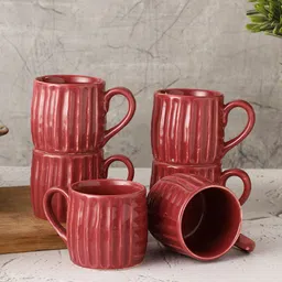 MIAH Decor Red 6 Pcs Textured Ceramic Glossy Mugs 200 ml Each-10