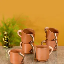 AAKRITI ART CREATIONS Brown & White Set of 6 Printed Terracotta Earthen Matte Cups-47