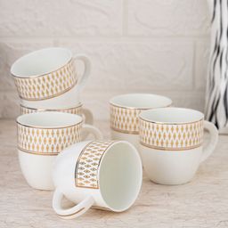 JCPL White & Gold-Toned 6 Pcs Printed Ceramic Glossy Mugs 180 ml Each-50
