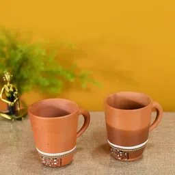 AAKRITI ART CREATIONS Beige & White Printed Earthen Clay Matte Mugs Set Of 2 Cups and Mugs-16