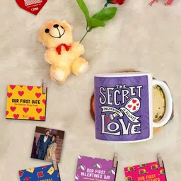 Indigifts Purple & White 8 Pieces Coffee Mug and Photo Clips Rose Greeting Card and Teddy-image-42