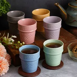 CDI Pink & Blue Textured Ceramic Glossy Kulladhs Set of Cups and Mugs-16