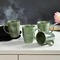 CLIO'S HERITAGE STORE Green 4Pcs Handcrafted Ceramic Glossy Mugs 300ml Each-55