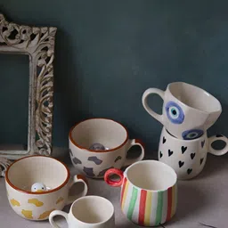 WEAVING HOMES White 6 Pieces Printed Microwave Safe Glossy Ceramic Mugs 200 ml Each-image-19