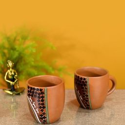 AAKRITI ART CREATIONS Brown & Black Set of 2 Tribal Motifs Printed Terracotta Matte Mugs-39