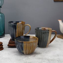 MIAH Decor Set Of 3 Brown & Black Handcrafted Textured Ceramic Glossy Mugs and Bowl-27