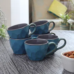 MIAH Decor Blue & Black 6 Pcs Solid Stoneware Glossy Mugs 300 ml Each-2
