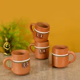 AAKRITI ART CREATIONS Set of 4 Hand Painted Earthen Clay Tribal Motifs Cups-image-64