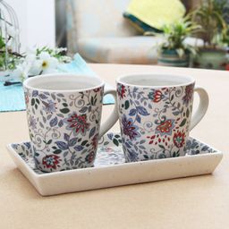 MIAH Decor Off White & Red 3 Pcs Floral Printed Stoneware Mugs with Platter 300 ml Each-11