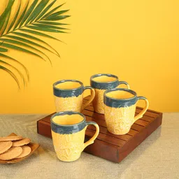AAKRITI ART CREATIONS Set Of 4 Black & Yellow Ceramic Textured Mugs-23