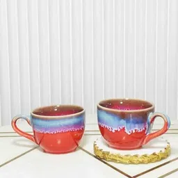 Folkstorys Poppy Red & Blue 4 Pieces Printed Ceramic Glossy Cups-32