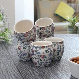 MIAH Decor White & Blue 6 Pcs Floral Printed Stoneware Matte Kulladhs 190 ml Each-13
