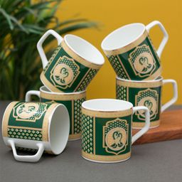CLAY CRAFT White & Green 6Pcs Printed Ceramic Glossy Cups Set Of Cups & Mugs 200Ml Each-57