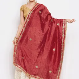 Clora Creation Red & Gold-Toned Embroidered Silk Blend Dupatta with Beads and Stones-19
