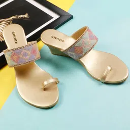 Anouk Gold-Toned Embellished Open Toe Wedge Heels-4