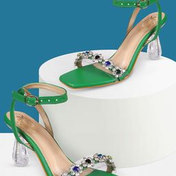 KLEXIO Embellished Open Toe Block Heels-13