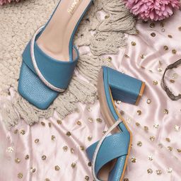 DressBerry Turquoise Blue Colourblocked Party Block Sandals-20