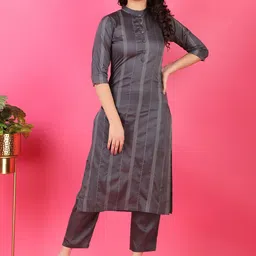 V TRADITION Striped Band Collar Chanderi Silk Kurta-19