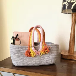 JASMEY HOMES Yellow Grey Knitted Bohho Basket With Colorful Handle-56