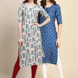 KALINI Women Multicoloured Printed Keyhole Neck Block Print Handloom Crepe Kurta-picture-3