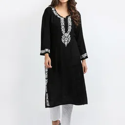 FAWOMENT Floral Embroidered Chikankari Straight Kurta-35