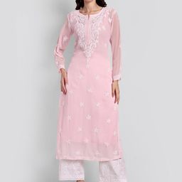 Seva Chikan Ethnic Motifs Chikankari Embroidered Georgette Kurta With Slip-picture-17