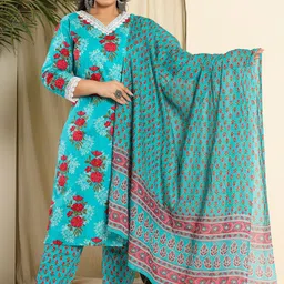Yufta Plus Size Floral Printed Pure Cotton V-Neck Straight Kurta With Trouser And Dupatta-11