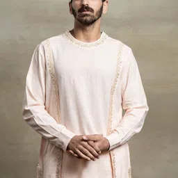 Tasva Men Peach-Coloured Cowl Centre Panel Embroidered Detail Kurta with Pyjamas-image-1