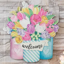 Kuber Industries Blue & Pink Floral Welcome Wooden Door Decor Panel-image-59