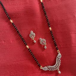 Digital Dress Room Gold-Plated & White AD-Studded & Beaded Long Mangalsutra With Earrings-22