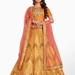 MIMOSA Orange & Peach-Coloured Semi-Stitched Lehenga & Unstitched Blouse With Dupatta-picture-0
