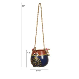 AAKRITI ART CREATIONS Blue & Brown Printed Clay Earthen Planter Pot With Jute Hanger image 2