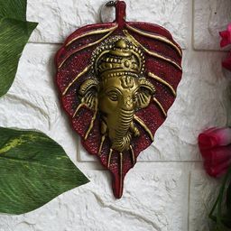 eCraftIndia Red & Golden Lord Ganesha Face On Peepal Leaf Wall Hanging-image-52