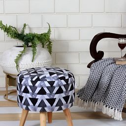 Shadowkart Navy Blue & White Geometric Printed Wooden Pouffes Sitting Mudda Ottomans-54