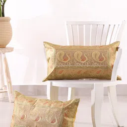 HANDICRAFT PALACE Beige & Gold-Toned Set of 2 Ethnic Motifs Silk Rectangle Cushion Covers-image-94