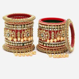 PANASH Set Of 18 Gold-Plated Stone-Studded & Pearls-Beaded Bangles Chuda Set image 3
