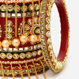 PANASH Set Of 18 Gold-Plated Stone-Studded & Pearls-Beaded Bangles Chuda Set image 4