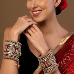 PANASH Set Of 18 Gold-Plated Stone-Studded & Pearls-Beaded Bangles Chuda Set-8
