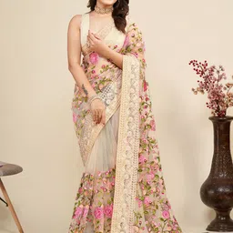 VAIRAGEE Floral Embroidered Net Saree-16