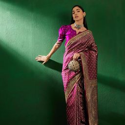 Sangria Pink Ethnic Motifs Woven Design Zari Banarasi Saree-image-47