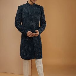 RNG Safawala Embroidered Mandarin Collar Silk Sherwani Set-image-28