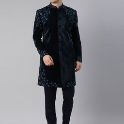 TheEthnic.Co Embroidered Velvet Mandarin Collar Sherwani Set-image-16