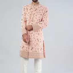 RNG Safawala Embroidered Mandarin Collar Silk Sherwani Set-image-89