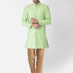 SG LEMAN Men Sea Green & Golden Woven-Design Sherwani Set-image-32