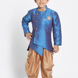 VASTRAMAY Boys Blue & Rose-Golden Woven Design Slim-Fit Sherwani-image-45