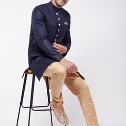 VASTRAMAY Self-Design Mandarin Collar Slim-Fit Sherwani Set-12