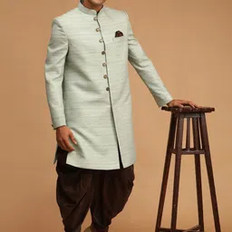 VASTRAMAY Men Green Solid Slim Fit Sherwani-picture-28