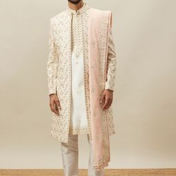 Twamev Embroidered Mandarin Collar Long Sleeves Raw Silk Sherwani Set-image-65